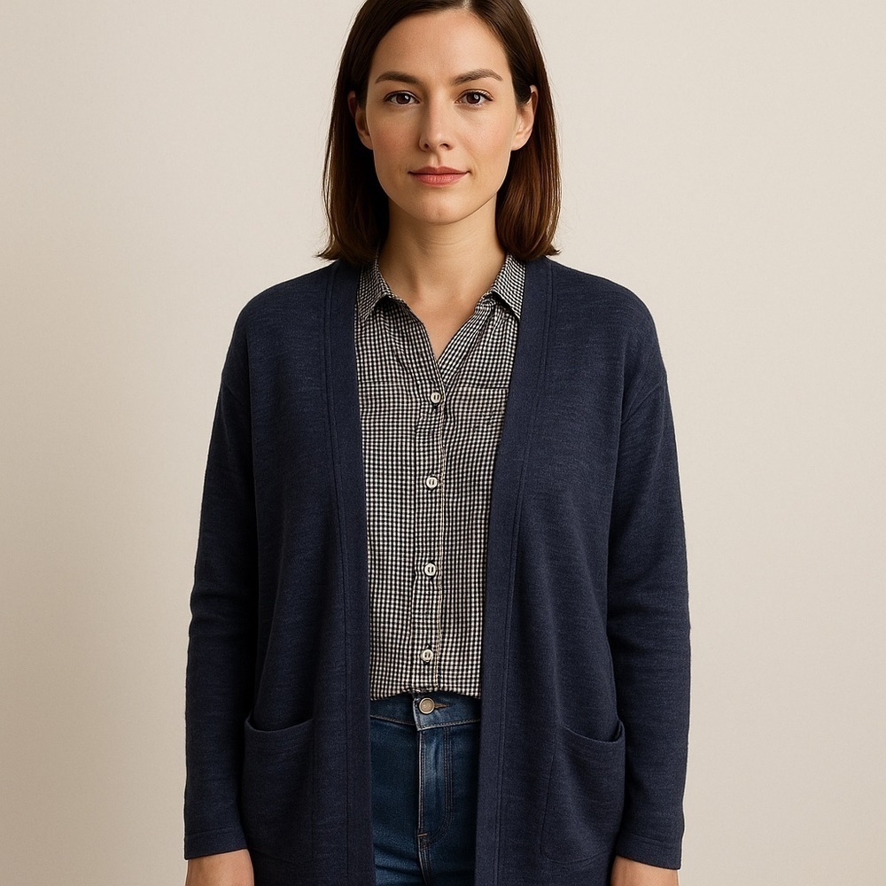 J Jill Womens Denim Blue Cotton Open Front Cardigan Womens Sz XS Marled Knit